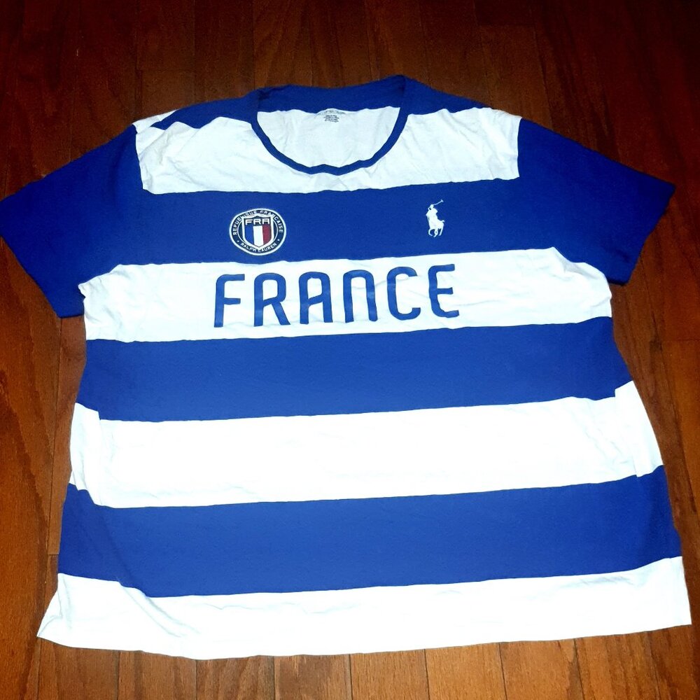 Ralph Lauren France T-Shirt In Blue & White Striped Vintage Size XXL